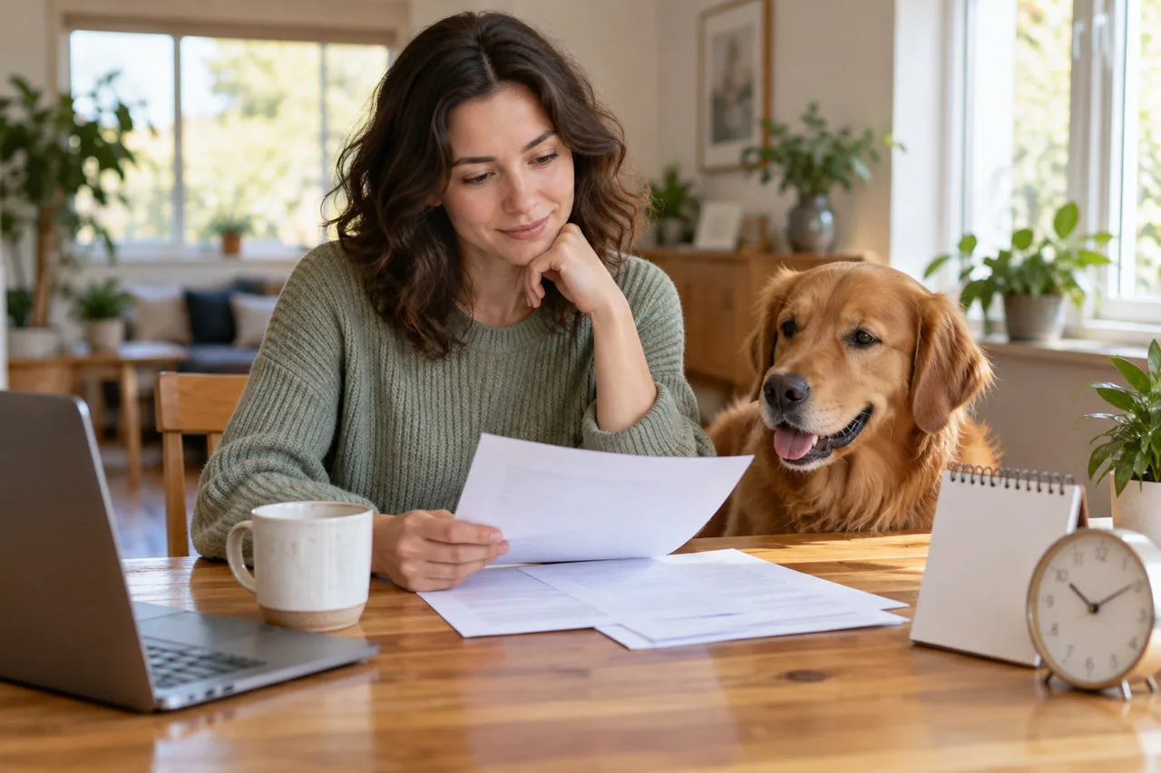 Owner reading papers beside a dog with a clock on the table